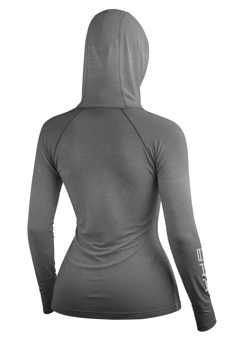 Camisa de Pesca Feminina Brk com Capuz Hybrid Cinza Grafite Camuflado com Proteção Solar UV50+