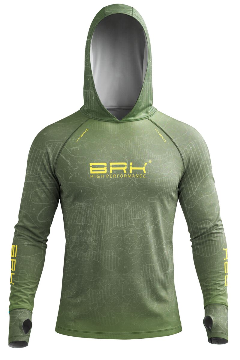Camisa de Pesca Brk com Capuz Hybrid Verde Militar Camuflado com Proteção Solar UV50+