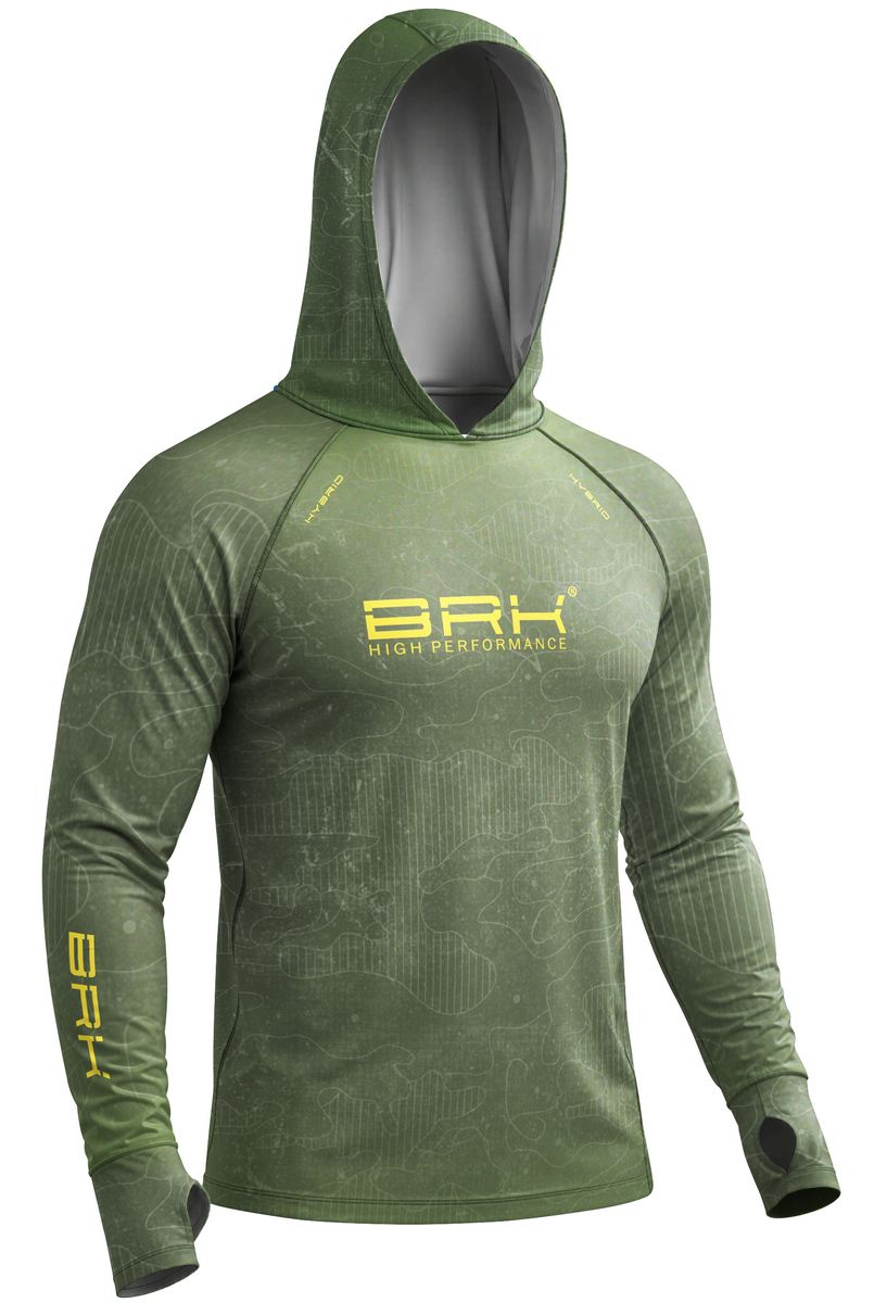 Camisa de Pesca Brk com Capuz Hybrid Verde Militar Camuflado com Proteção Solar UV50+