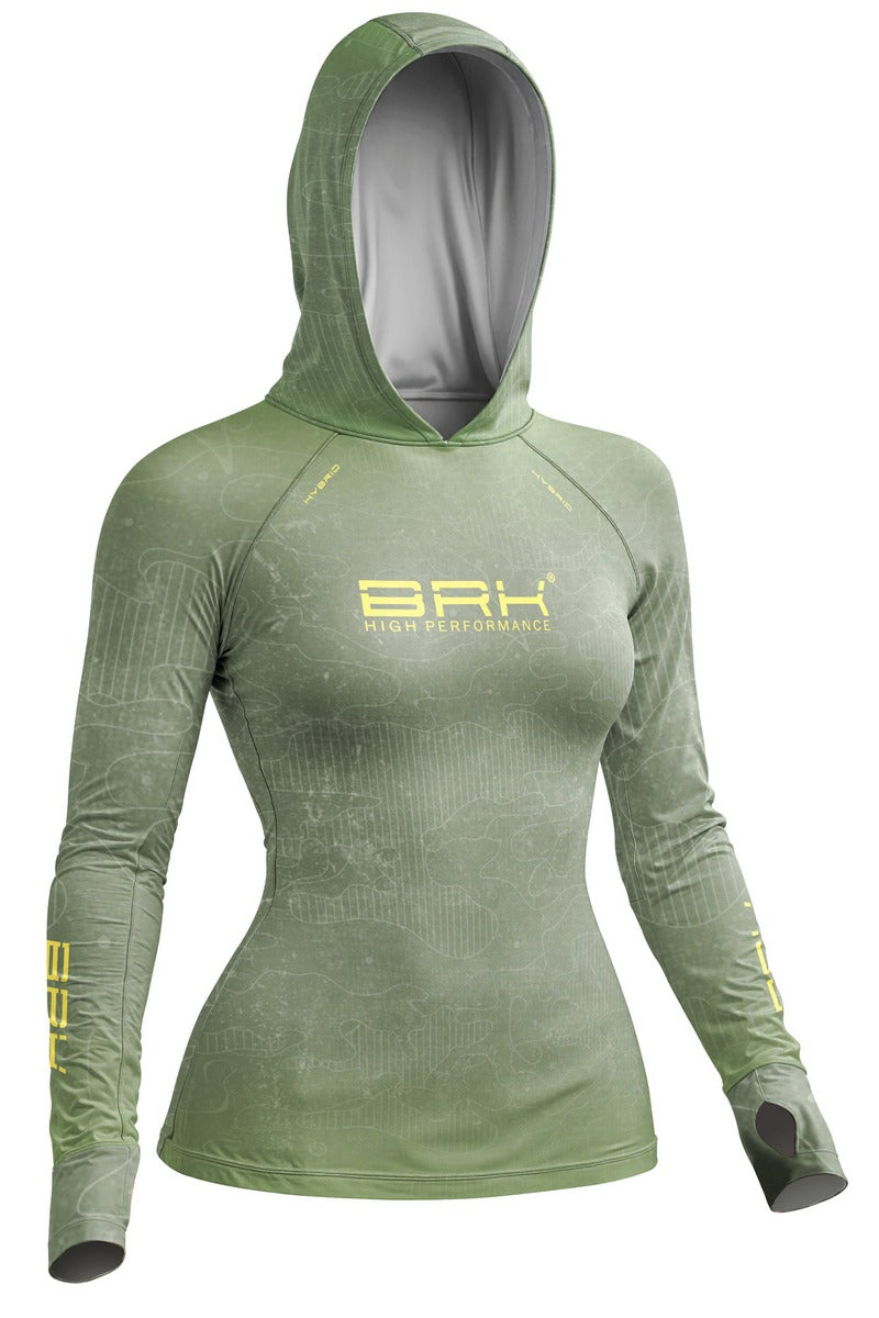 Camisa de Pesca Feminina Brk com Capuz Hybrid Verde Militar Camuflado com Proteção Solar UV50+