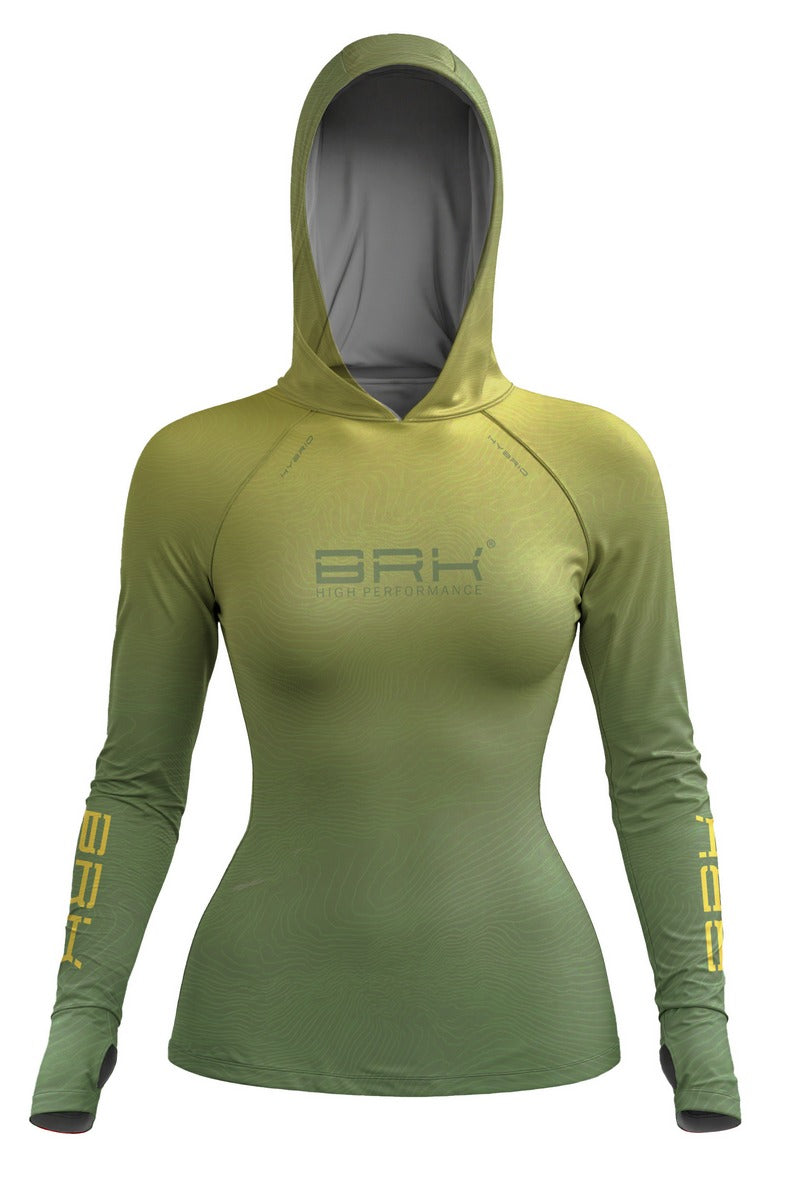 Camisa de Pesca Feminina Brk com Capuz Hybrid Verde Degradê Texturizado com Proteção Solar UV50+