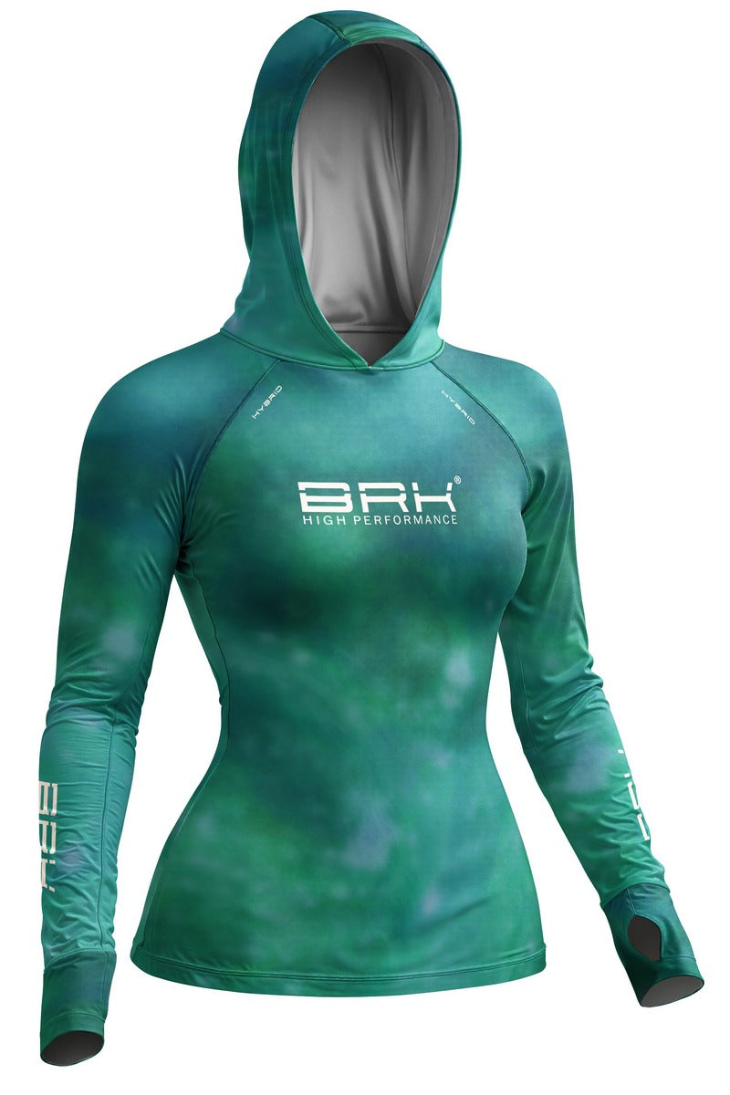 Camisa de Pesca Feminina Brk com Capuz Hybrid Verde Petróleo Degradê com Proteção Solar UV50+