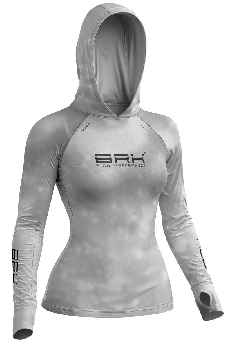 Camisa de Pesca Feminina Brk com Capuz Hybrid Cinza Claro Degradê com Proteção Solar UV50+