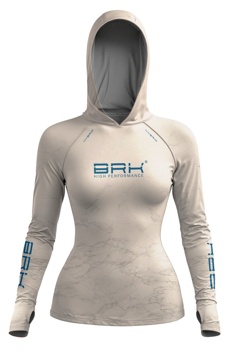 Camisa de Pesca Feminina Brk com Capuz Hybrid Bege Areia Marmorizado com Proteção Solar UV50+