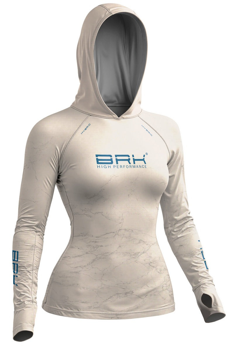 Camisa de Pesca Feminina Brk com Capuz Hybrid Bege Areia Marmorizado com Proteção Solar UV50+