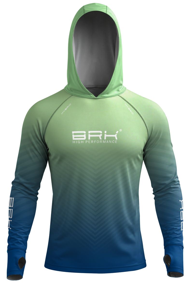 Camisa de Pesca Brk com Capuz Hybrid Verde e Azul Degradê com Proteção Solar UV50+