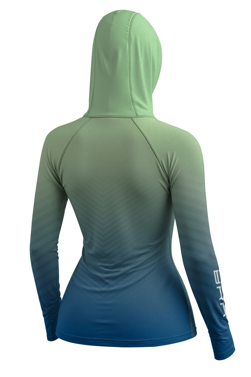 Camisa de Pesca Feminina Brk com Capuz Hybrid Verde e Azul Degradê com Proteção Solar UV50+