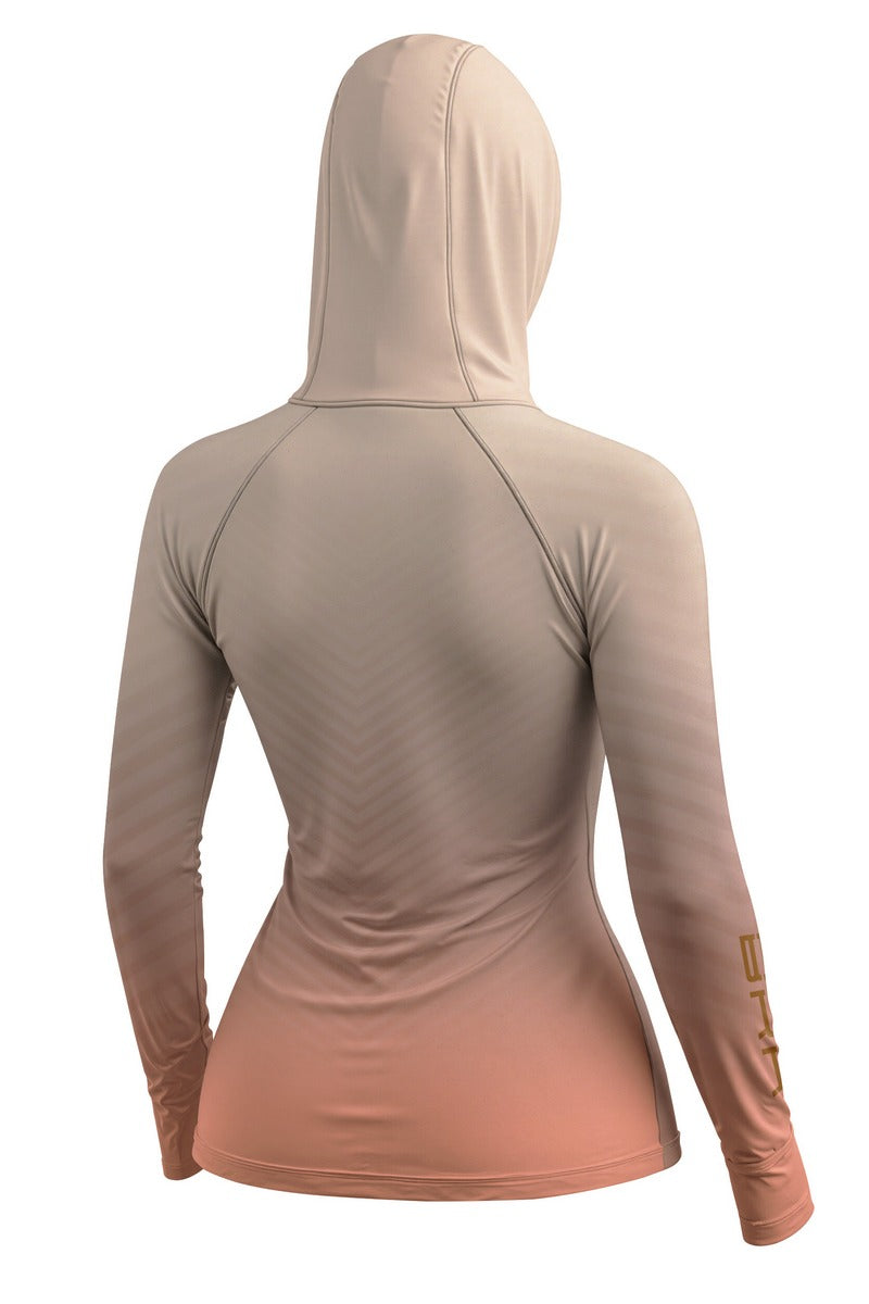 Camisa de Pesca Feminina Brk com Capuz Hybrid Bege e Laranja Degradê com Proteção Solar UV50+