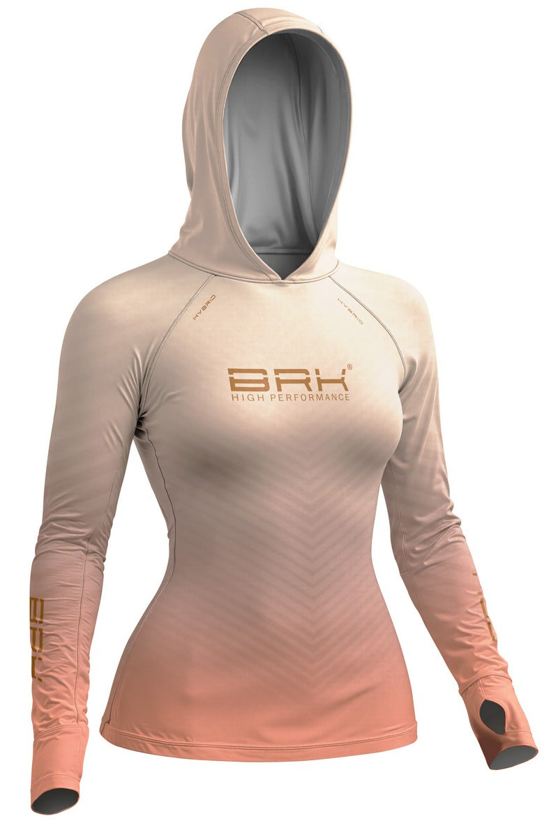 Camisa de Pesca Feminina Brk com Capuz Hybrid Bege e Laranja Degradê com Proteção Solar UV50+