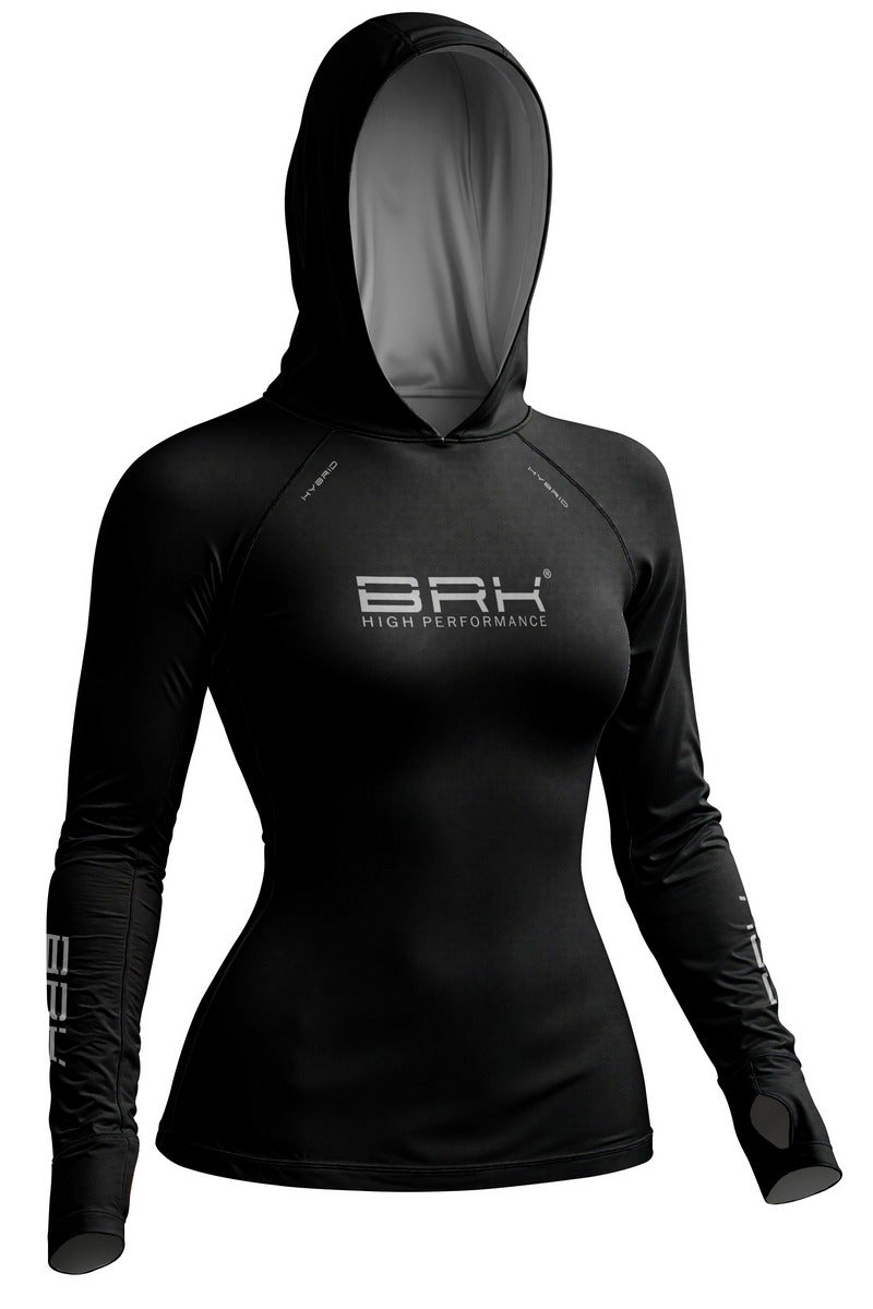Camisa de Pesca Feminina Brk com Capuz Hybrid Preto Liso com Proteção Solar UV50+