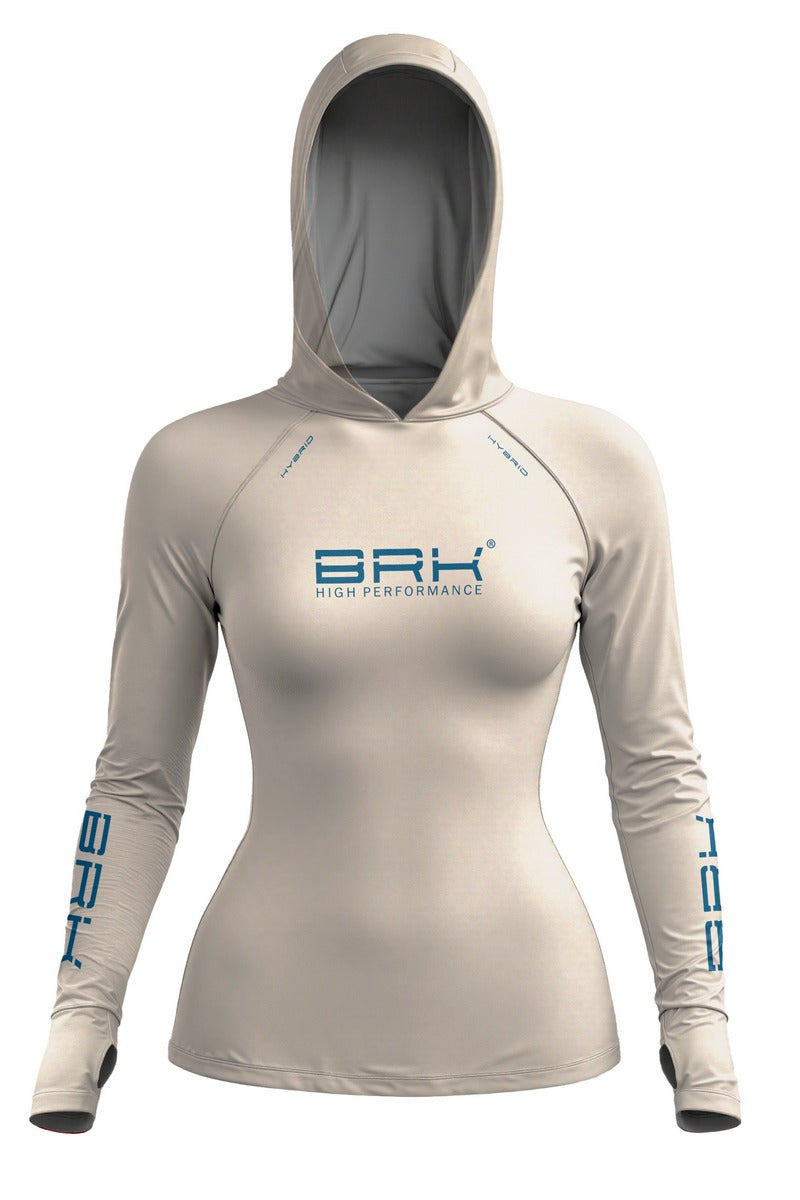 Camisa de Pesca Feminina Brk com Capuz Hybrid Bege Claro Liso com Proteção Solar UV50+