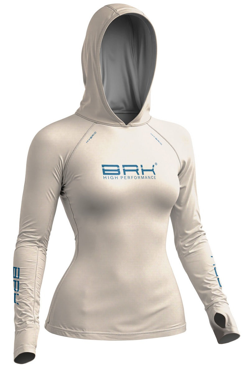 Camisa de Pesca Feminina Brk com Capuz Hybrid Bege Claro Liso com Proteção Solar UV50+