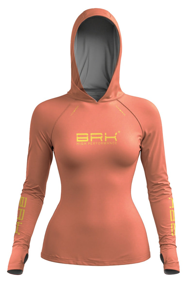 Camisa de Pesca Feminina Brk com Capuz Hybrid Laranja Coral Liso com Proteção Solar UV50+