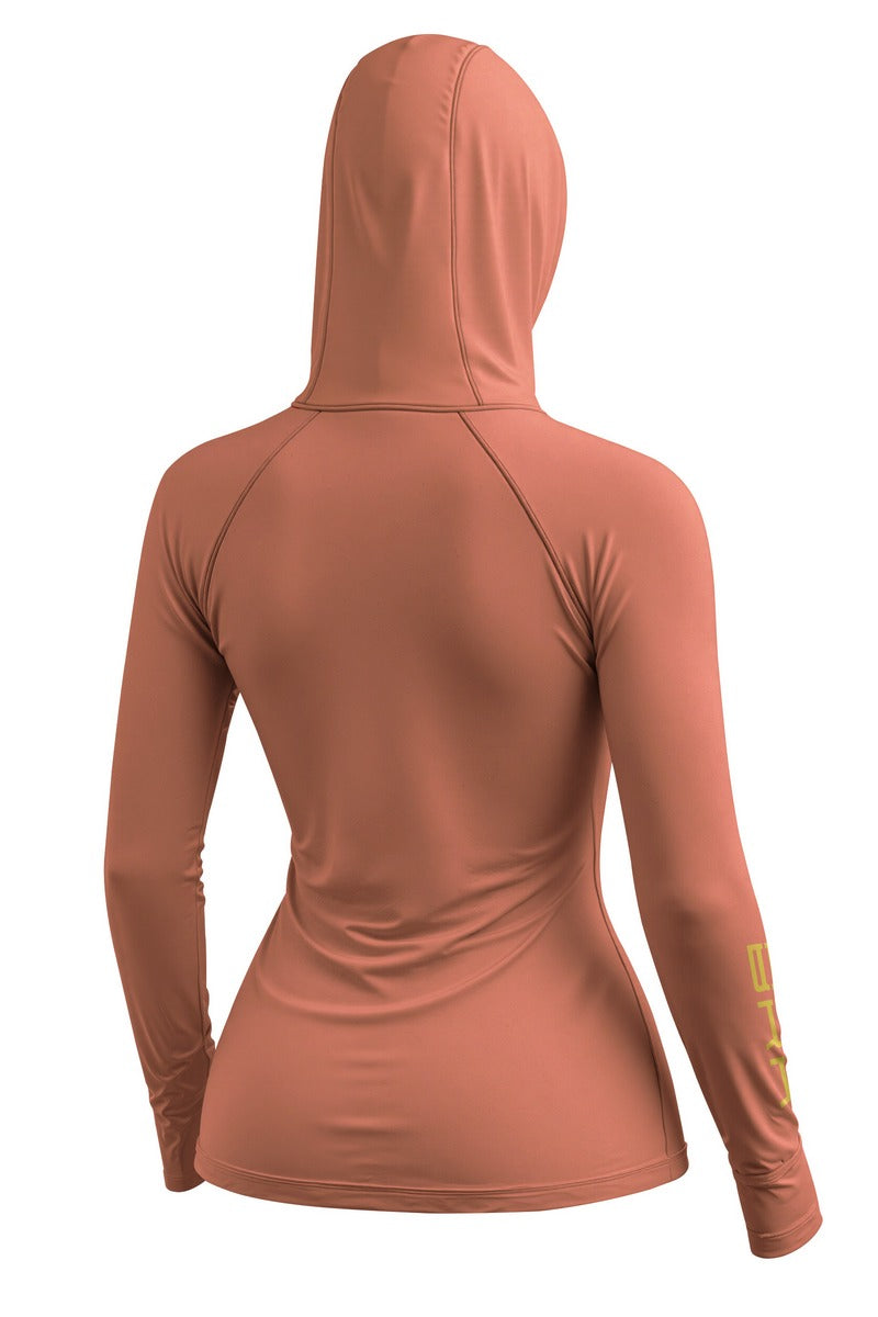 Camisa de Pesca Feminina Brk com Capuz Hybrid Laranja Coral Liso com Proteção Solar UV50+