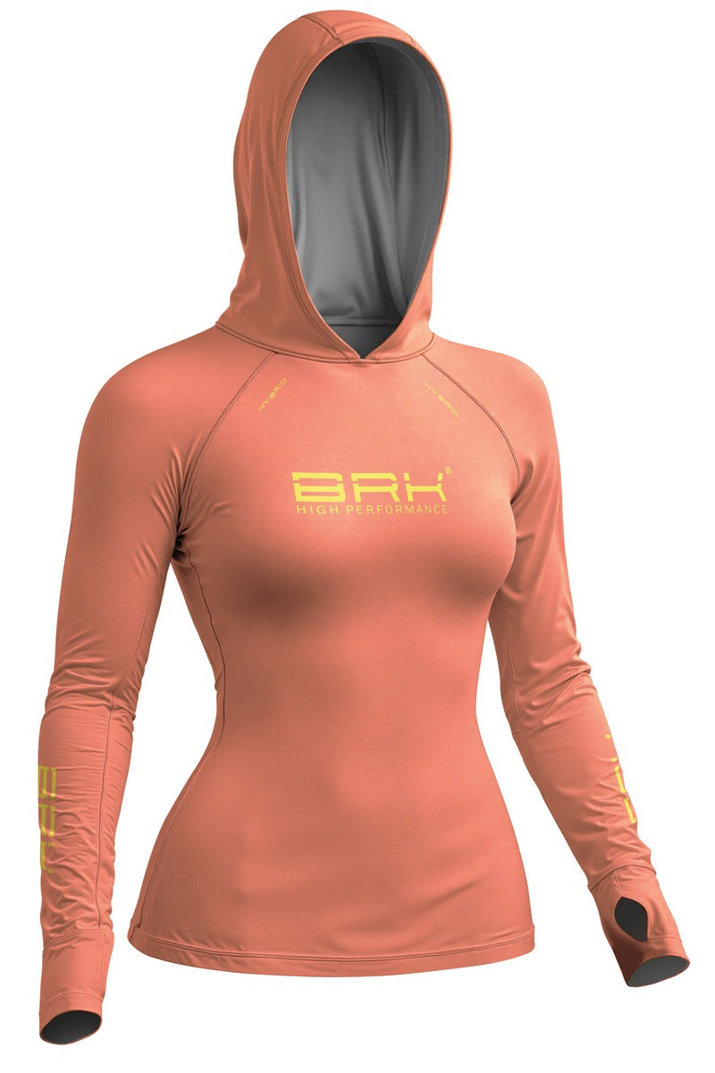 Camisa de Pesca Feminina Brk com Capuz Hybrid Laranja Coral Liso com Proteção Solar UV50+