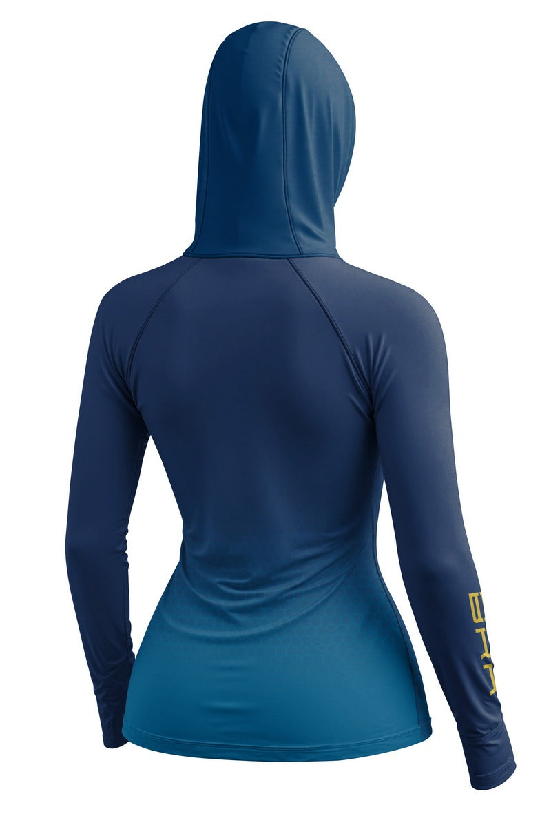 Camisa de Pesca Feminina Brk com Capuz Hybrid Azul Marinho com Degradê Honeycomb com Proteção Solar UV50+