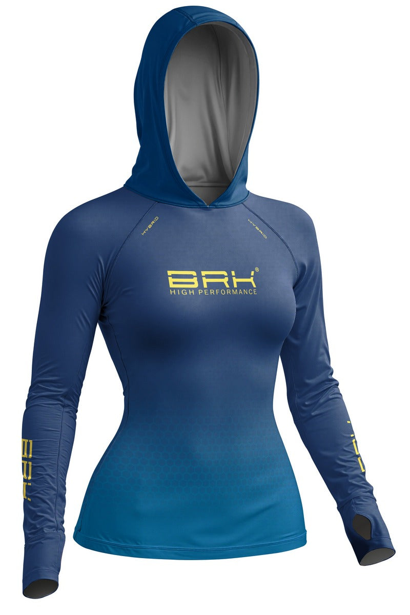 Camisa de Pesca Feminina Brk com Capuz Hybrid Azul Marinho com Degradê Honeycomb com Proteção Solar UV50+