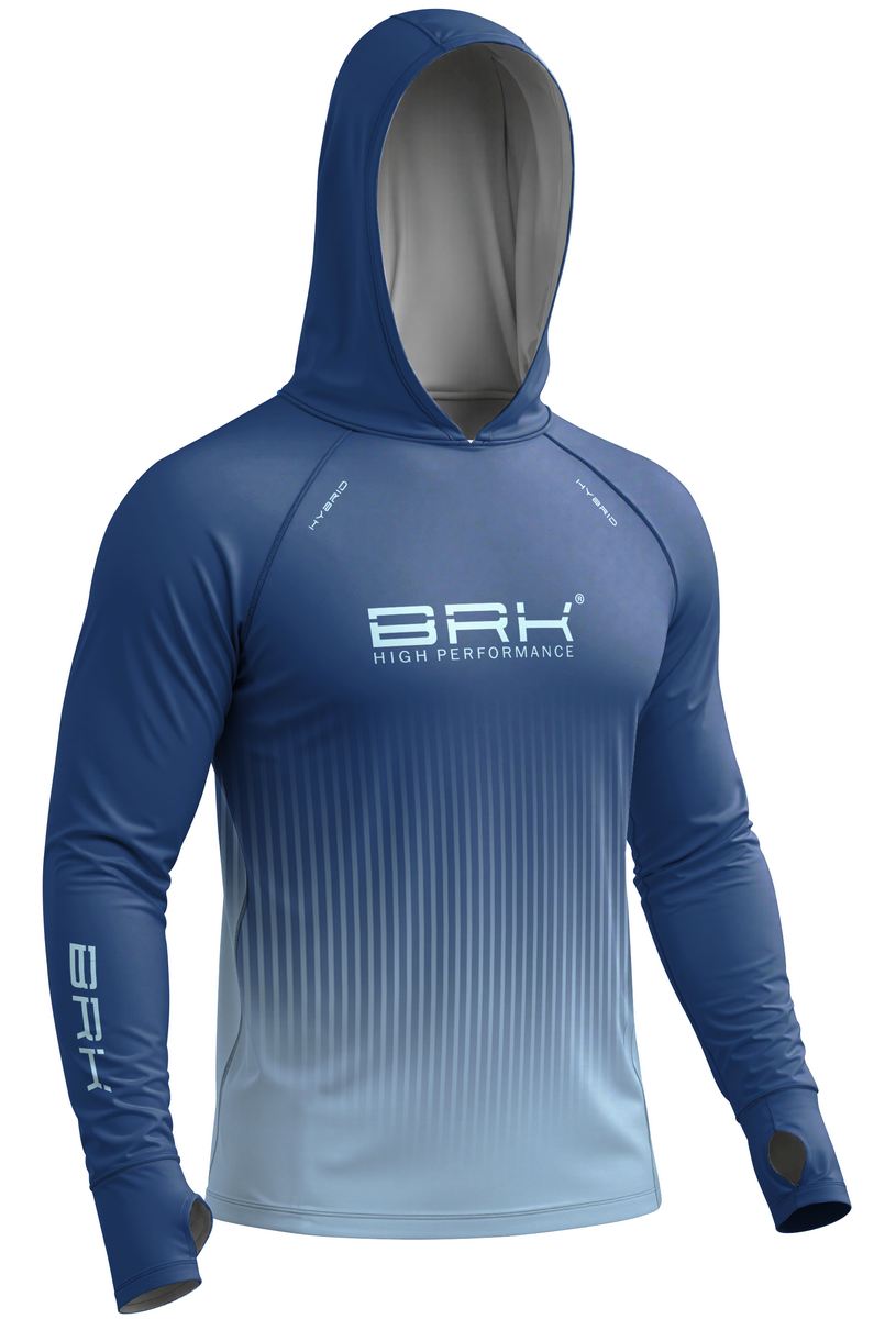 Camisa de Pesca Brk com Capuz Hybrid Azul com Degradê Listrado com Proteção Solar UV50+