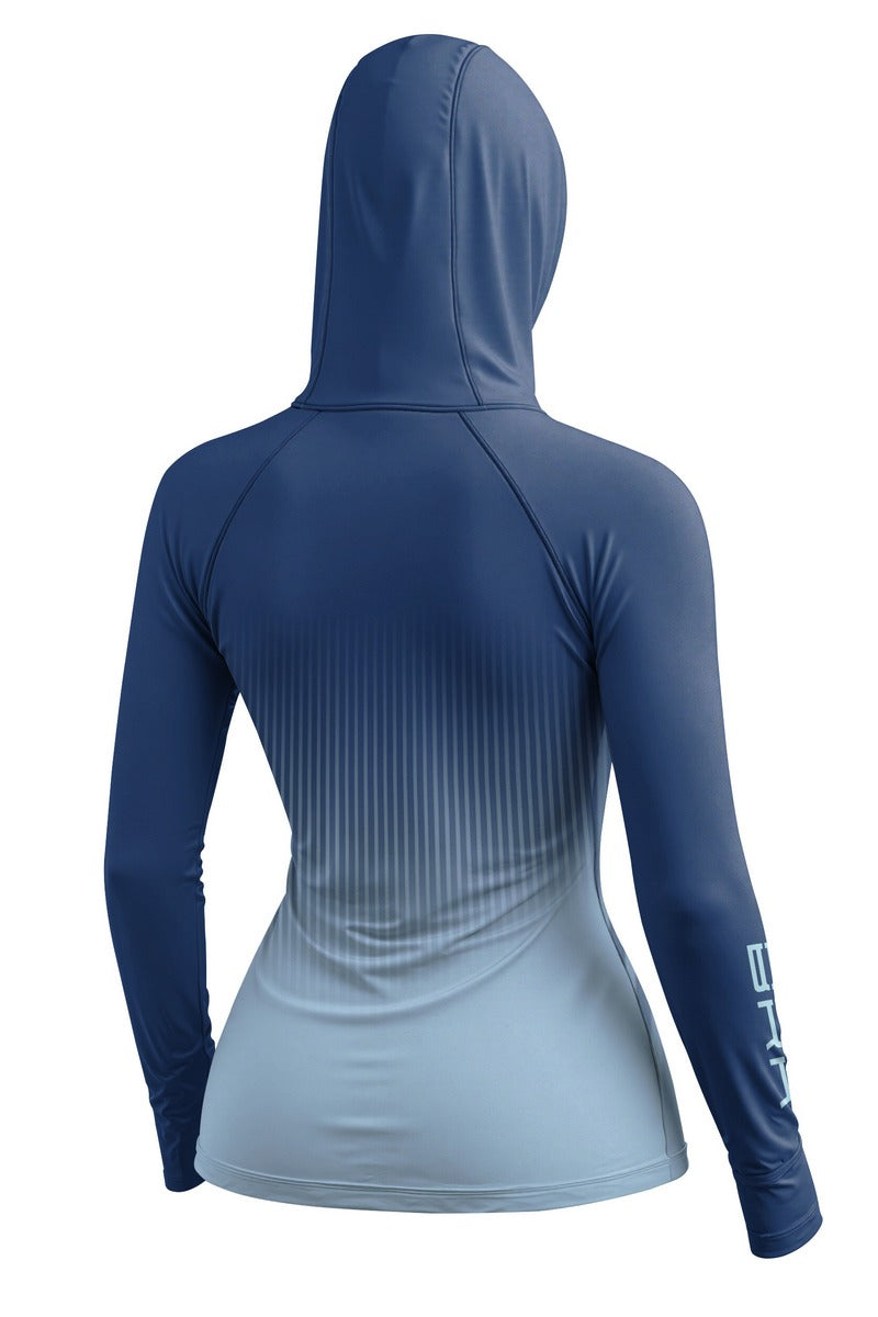 Camisa de Pesca Feminina Brk com Capuz Hybrid Azul com Degradê Listrado com Proteção Solar UV50+