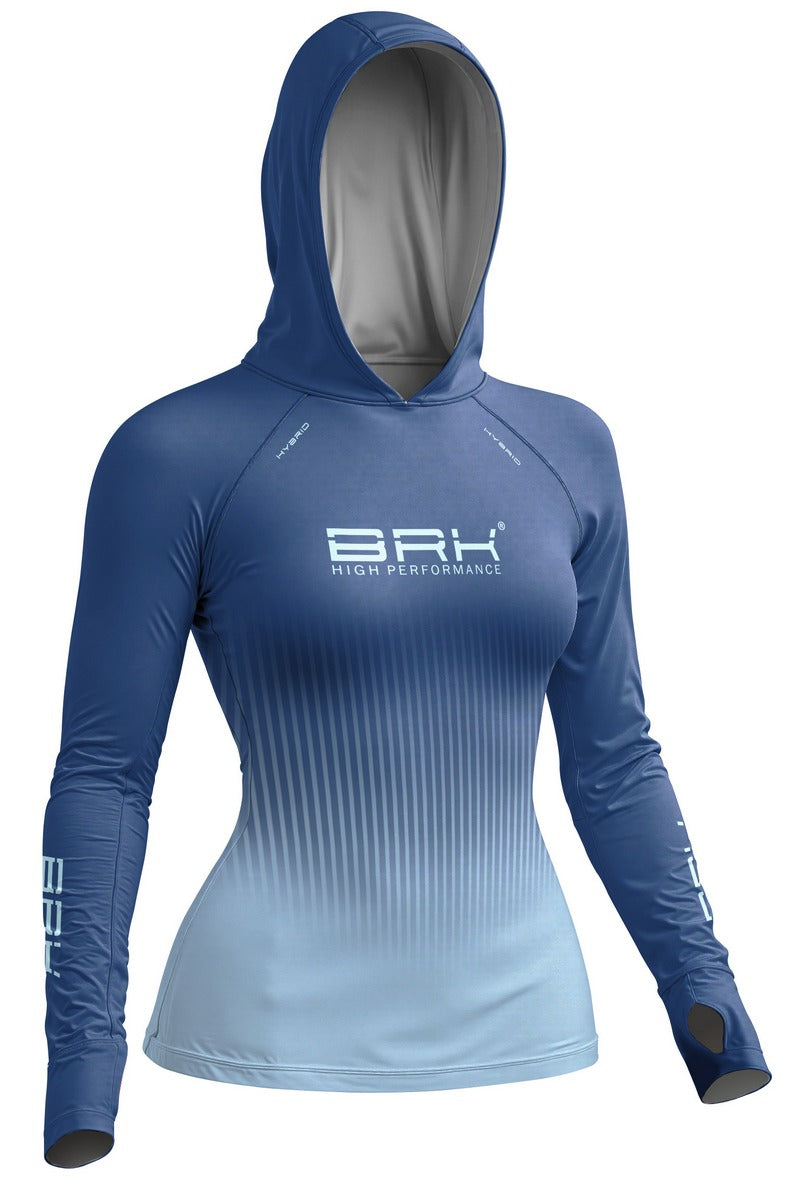 Camisa de Pesca Feminina Brk com Capuz Hybrid Azul com Degradê Listrado com Proteção Solar UV50+