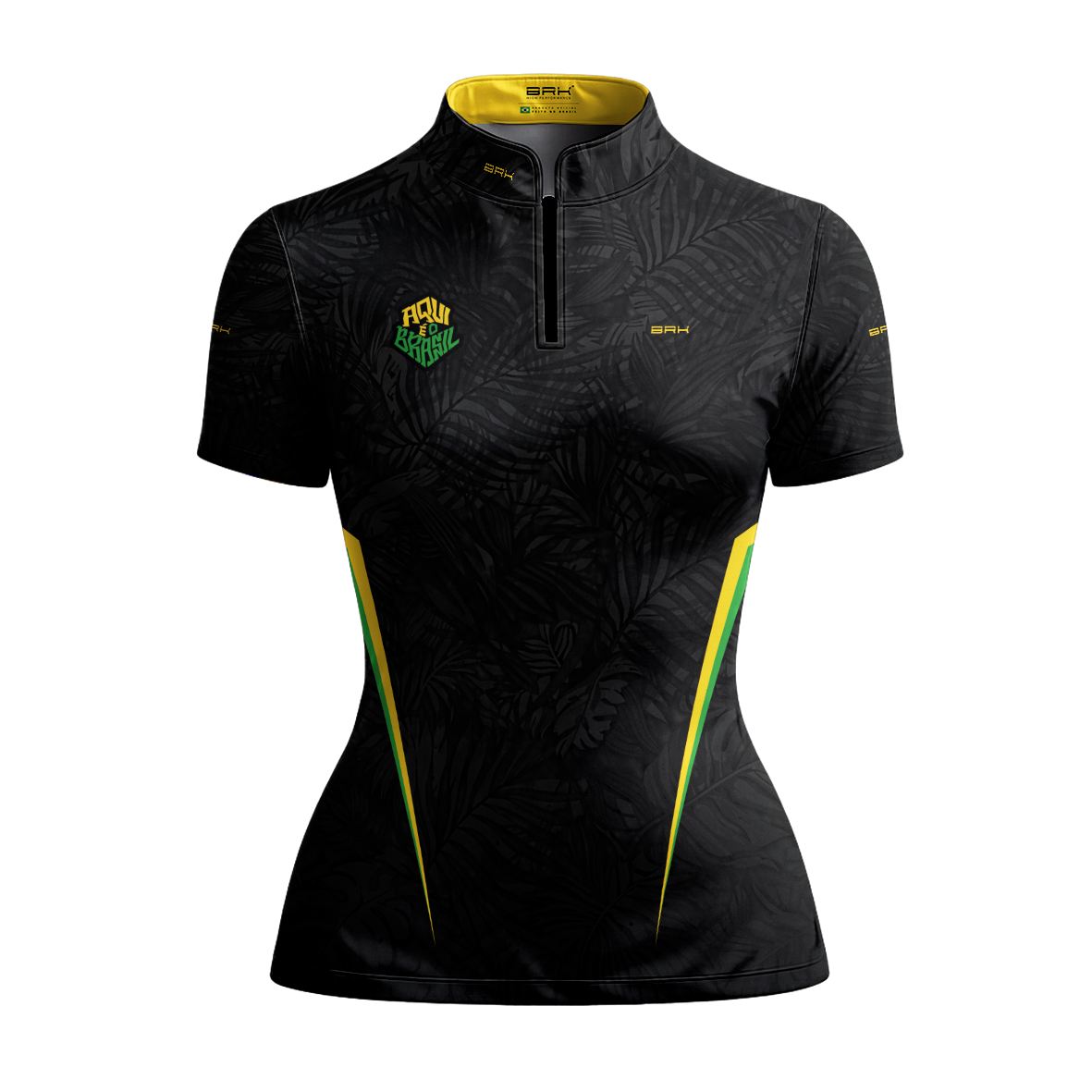 Camiseta Brk Feminina Aqui é o Brasil Folhagem Preta com Proteção UV50
