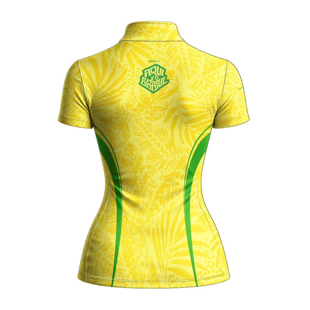 Camiseta Brk Feminina Aqui é o Brasil Folhagem Tropical Amarela com Proteção UV50