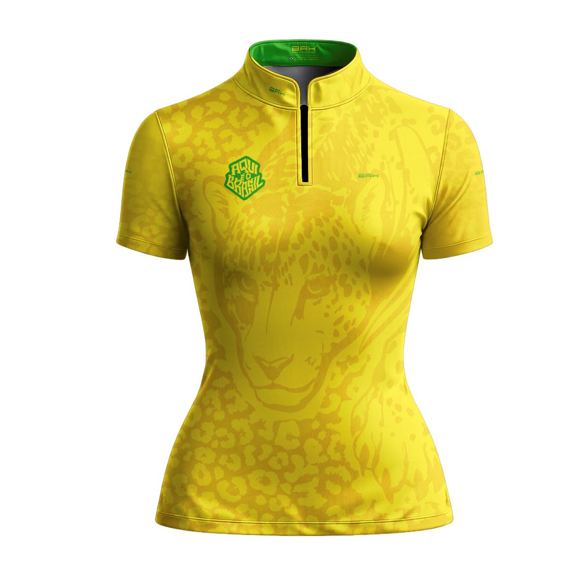 Camiseta Brk Feminina Aqui é o Brasil Onça Pintada Amarela com Proteção UV50