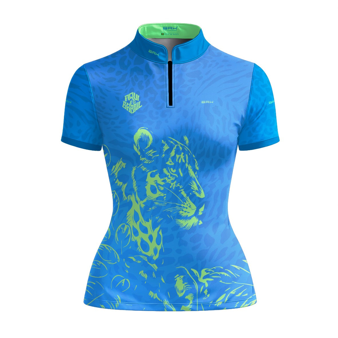 Camiseta Brk Feminina Aqui é o Brasil Onça Sombreada Azul com Proteção UV50