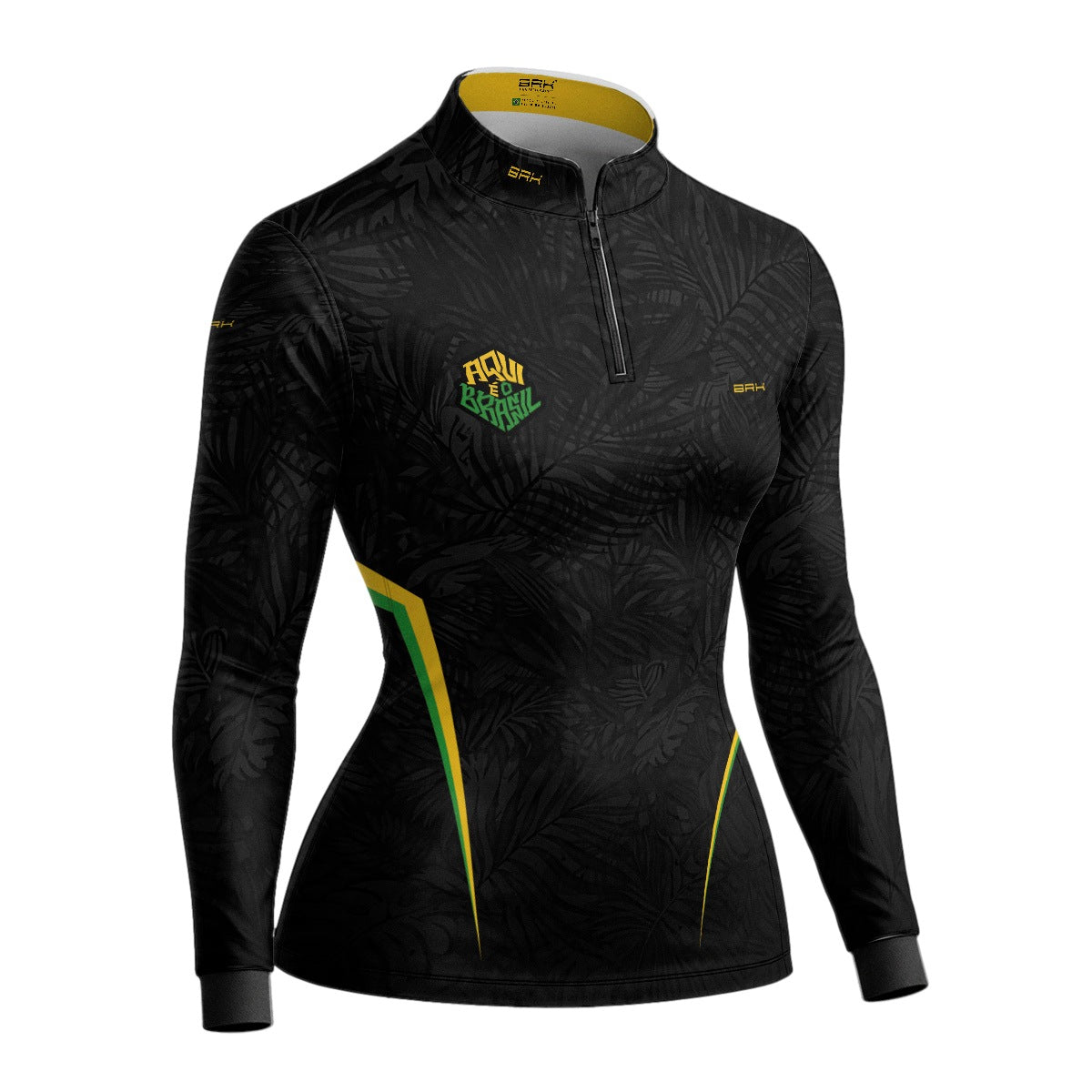 Camisa Brk Feminina Aqui é o Brasil Folhagem Preta com Proteção UV50