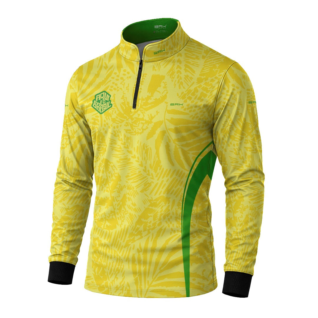 Camisa Brk Aqui é o Brasil Folhagem Tropical Amarela com Proteção UV50