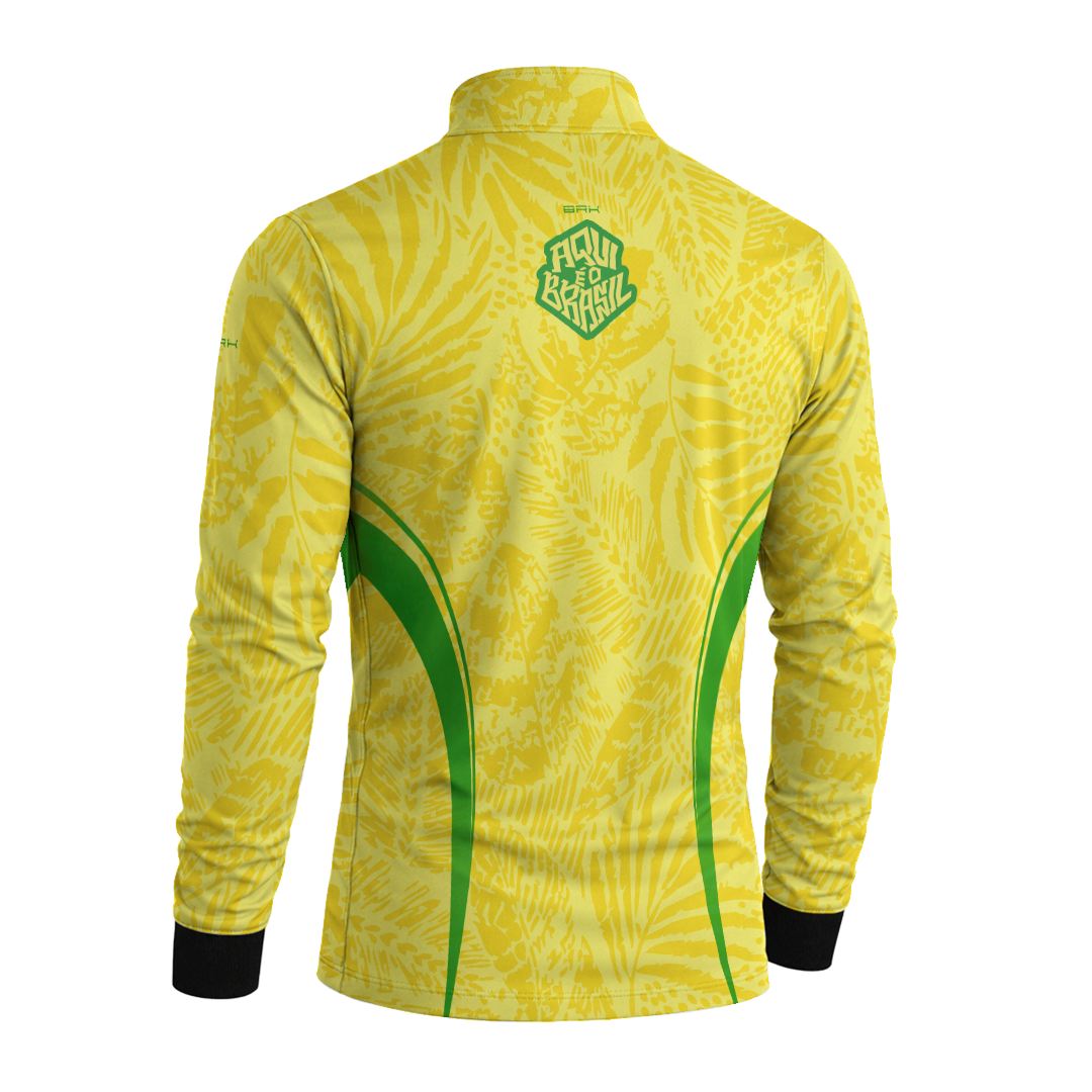 Camisa Brk Aqui é o Brasil Folhagem Tropical Amarela com Proteção UV50