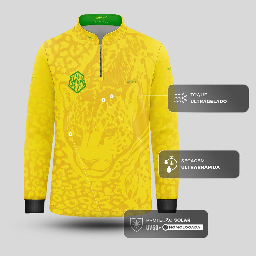 Camisa Brk Infantil Aqui é o Brasil Onça Pintada Amarela com Proteção UV50
