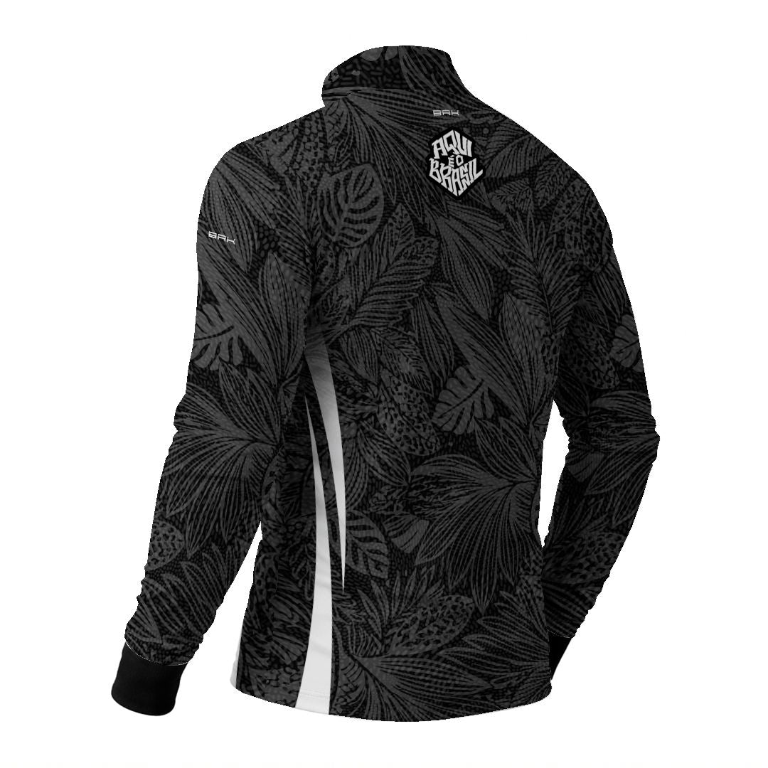 Camisa Brk Aqui é o Brasil Folhagem Tropical Preta com Proteção UV50