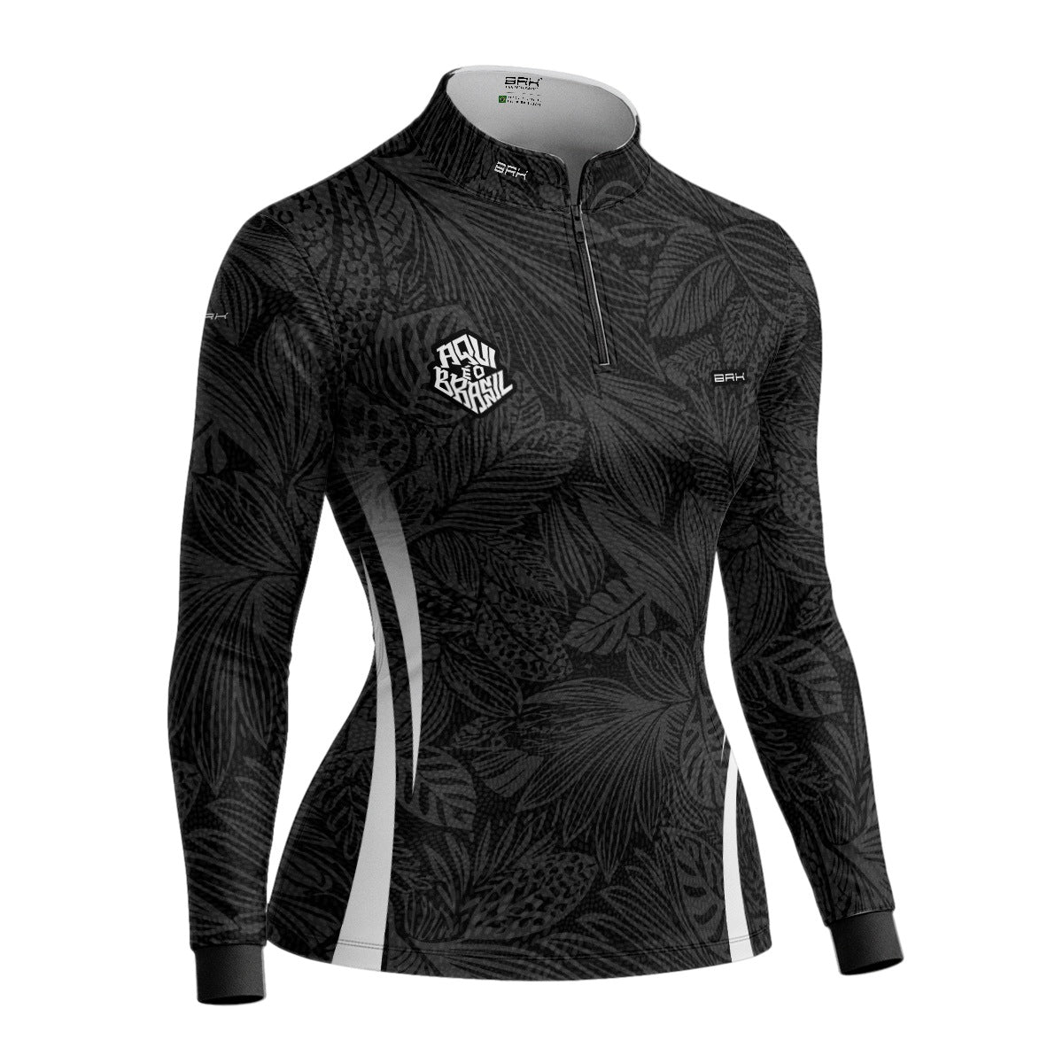 Camisa Brk Feminina Aqui é o Brasil Folhagem Tropical Preta com Proteção UV50