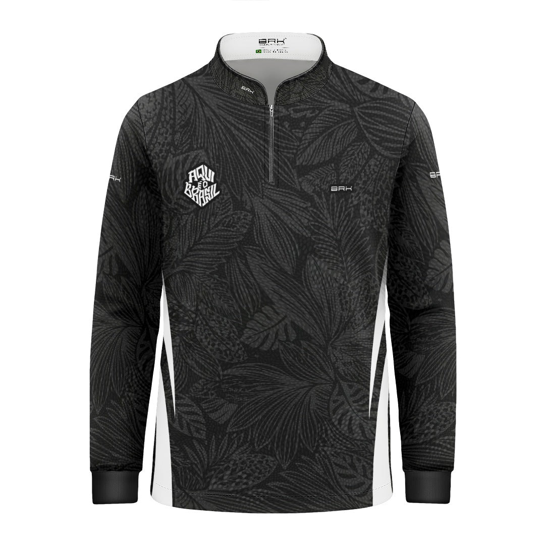 Camisa Brk Infantil Aqui é o Brasil Folhagem Tropical Preta com Proteção UV50