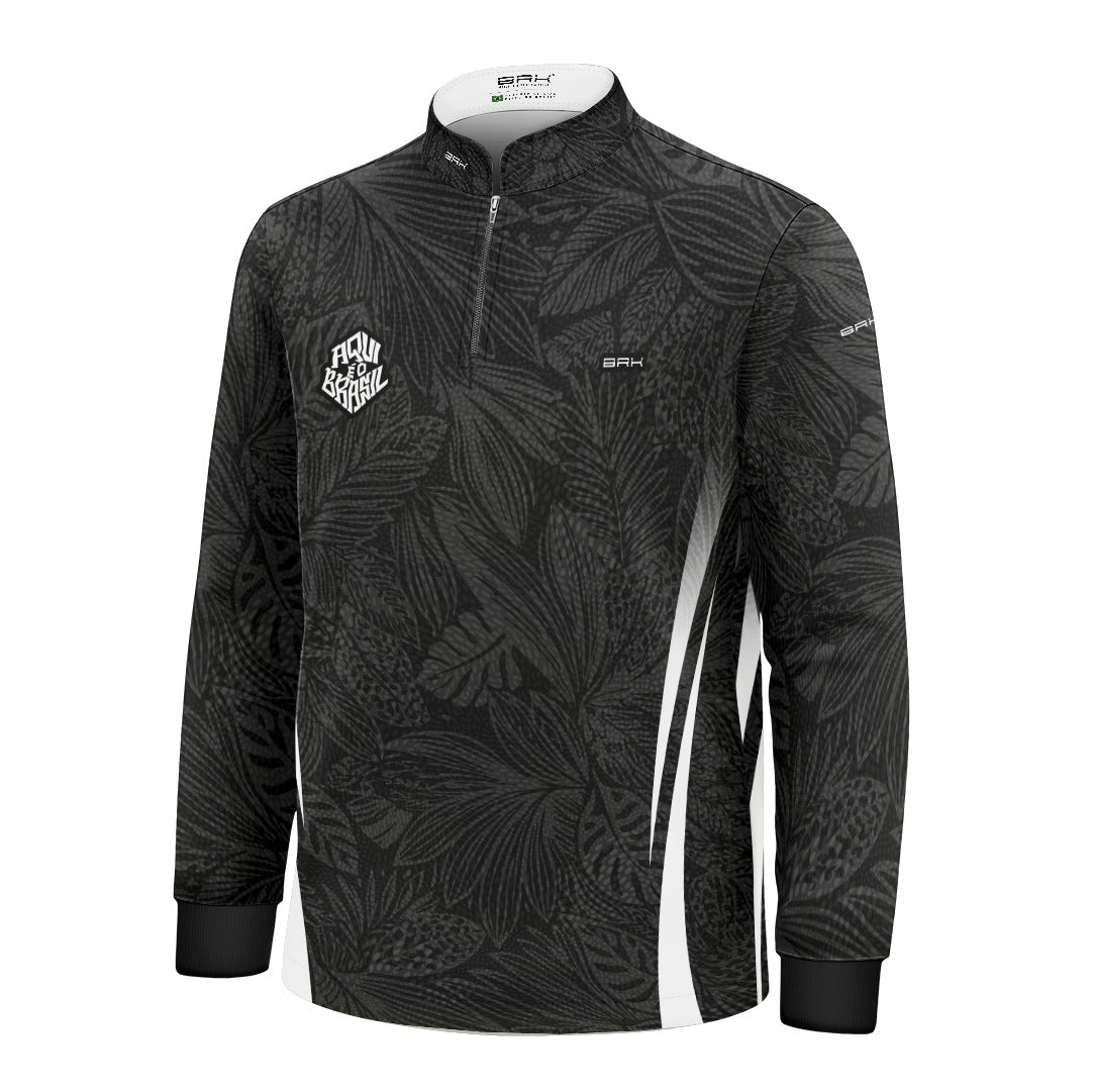 Camisa Brk Infantil Aqui é o Brasil Folhagem Tropical Preta com Proteção UV50