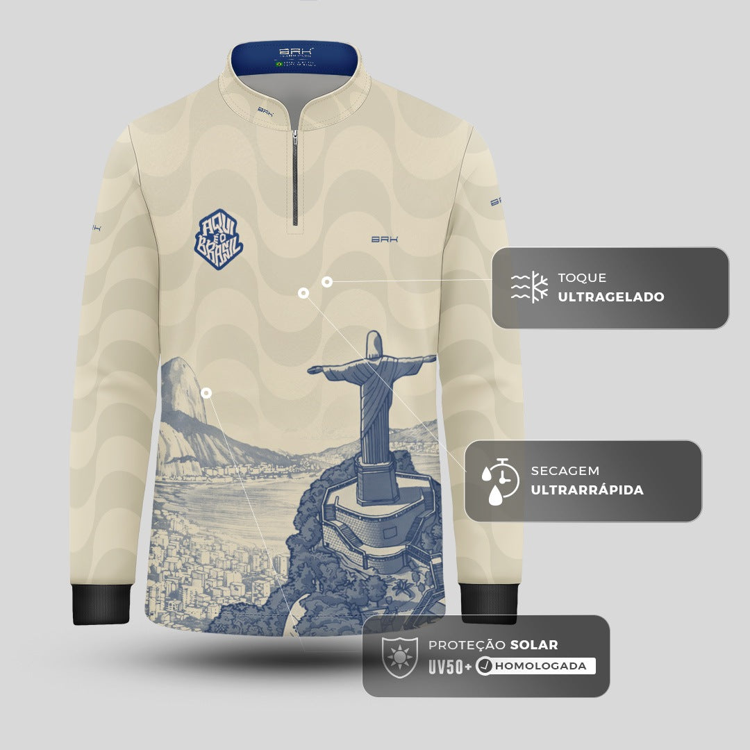 Camisa Brk Infantil Aqui é o Brasil Cristo Redentor Paisagem Bege com Proteção UV50
