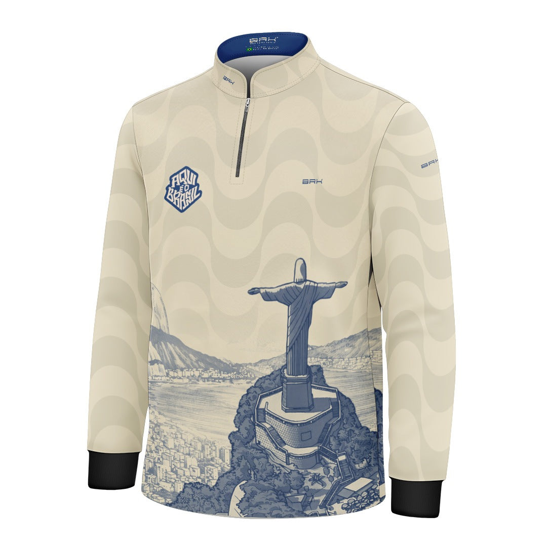 Camisa Brk Infantil Aqui é o Brasil Cristo Redentor Paisagem Bege com Proteção UV50