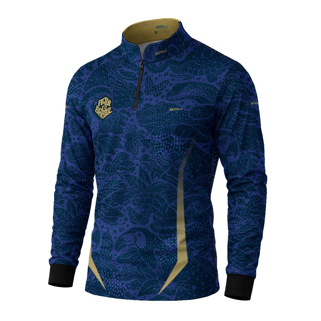 Camisa Brk Aqui é o Brasil Folhagem Sutil Azul Royal com Proteção UV50