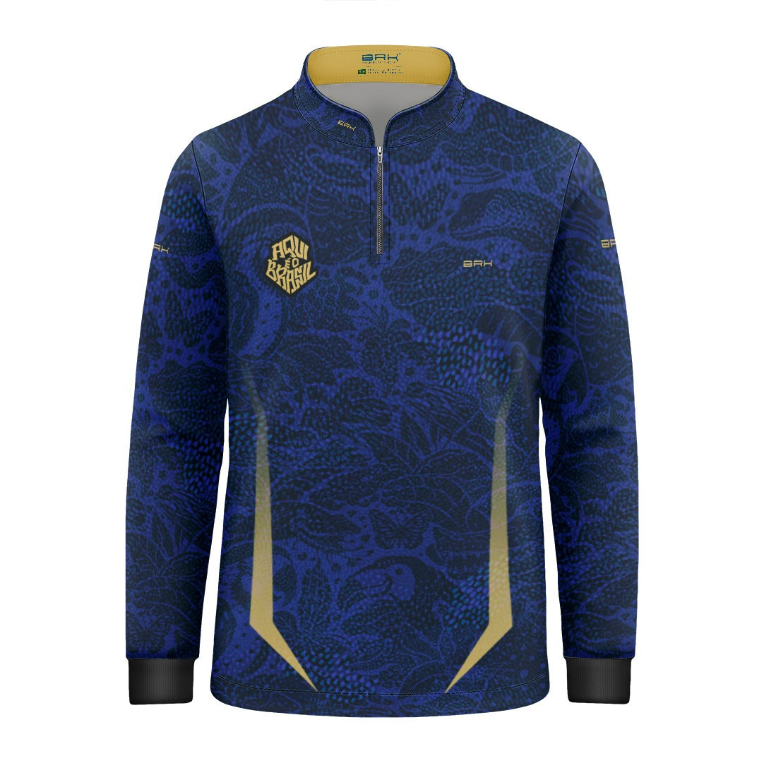 Camisa Brk Infantil Aqui é o Brasil Folhagem Sutil Azul Royal com Proteção UV50