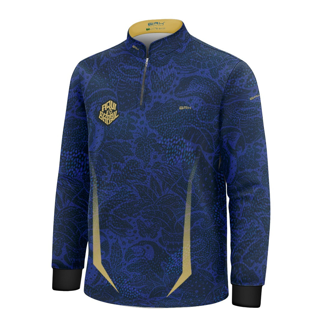 Camisa Brk Infantil Aqui é o Brasil Folhagem Sutil Azul Royal com Proteção UV50