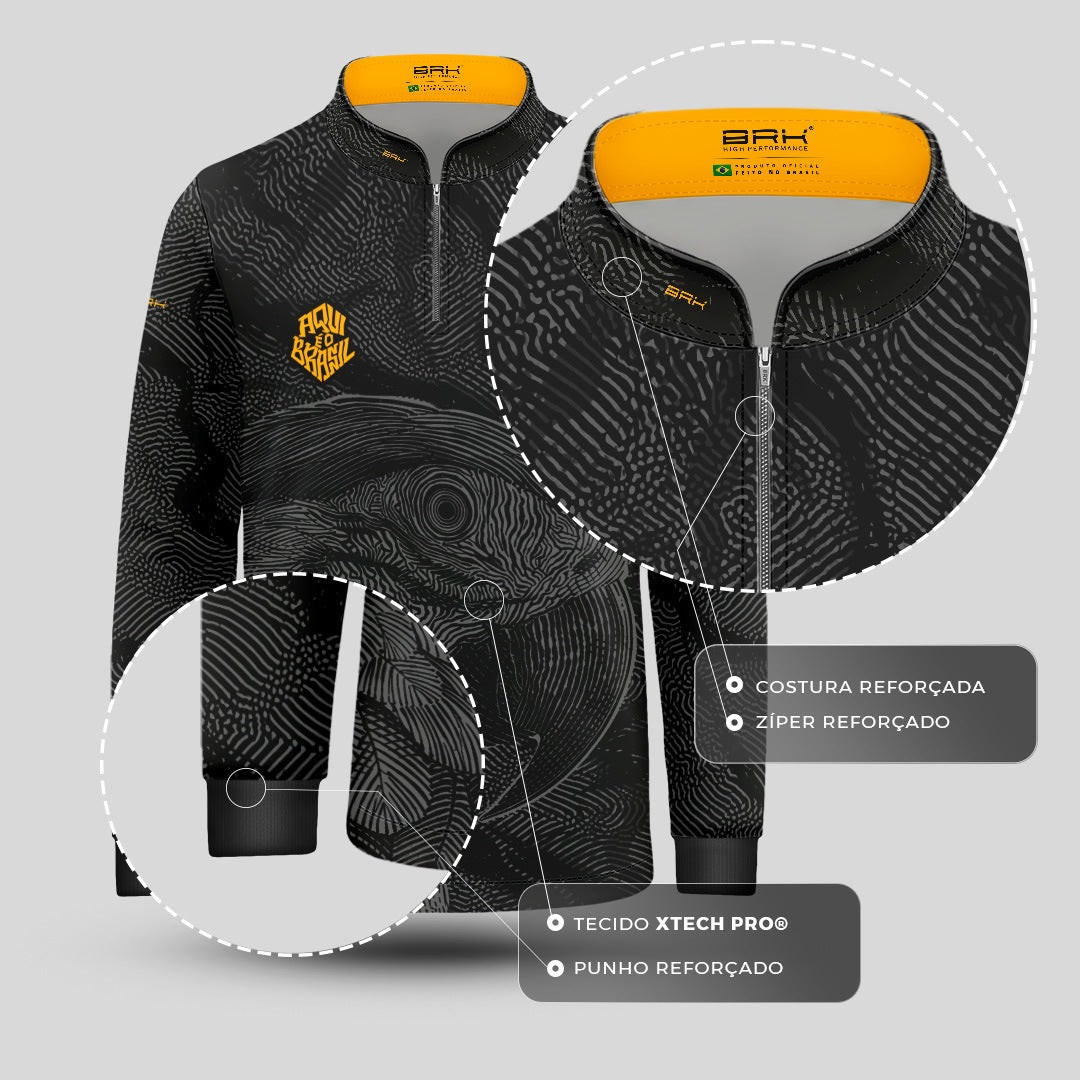 Camisa Brk Infantil Aqui é o Brasil Arara Sombreada Preta com Proteção UV50