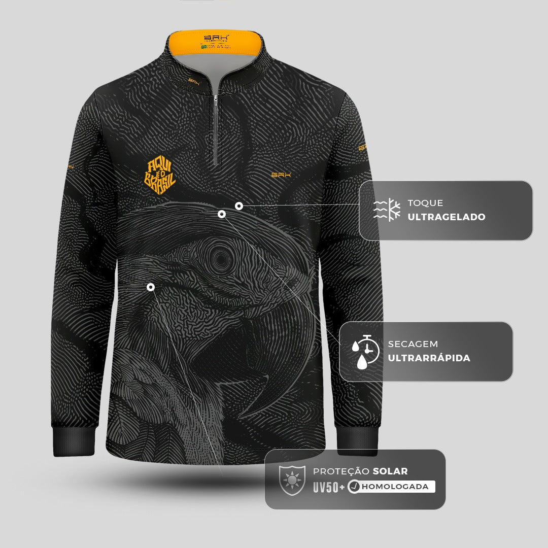 Camisa Brk Infantil Aqui é o Brasil Arara Sombreada Preta com Proteção UV50