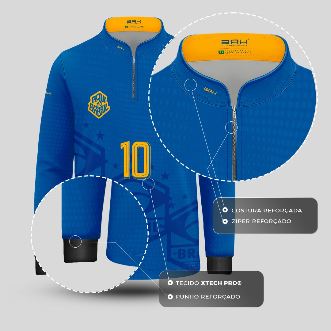 Camisa Brk Infantil Aqui é o Brasil Escudo 10 Azul Royal com Proteção UV50