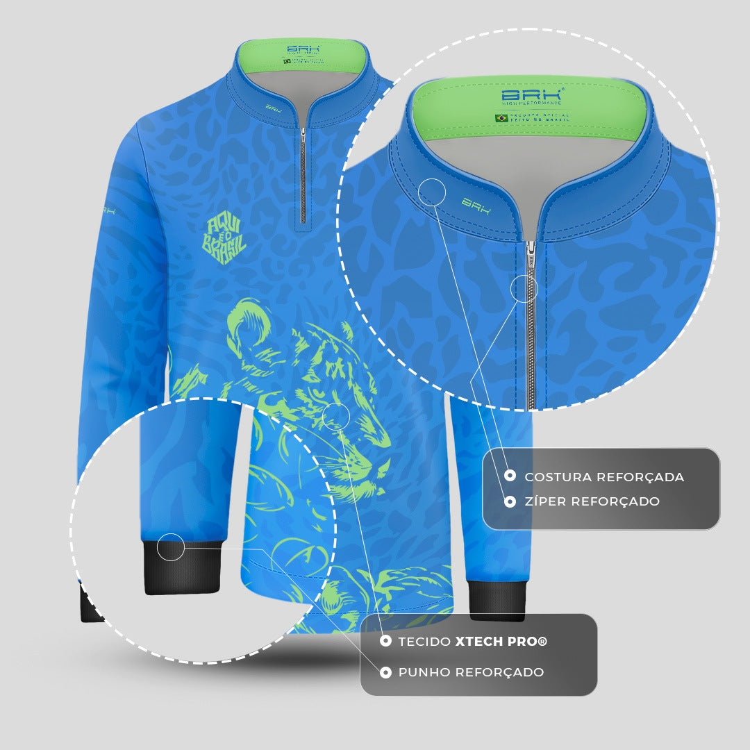 Camisa Brk Infantil Aqui é o Brasil Onça Sombreada Azul com Proteção UV50