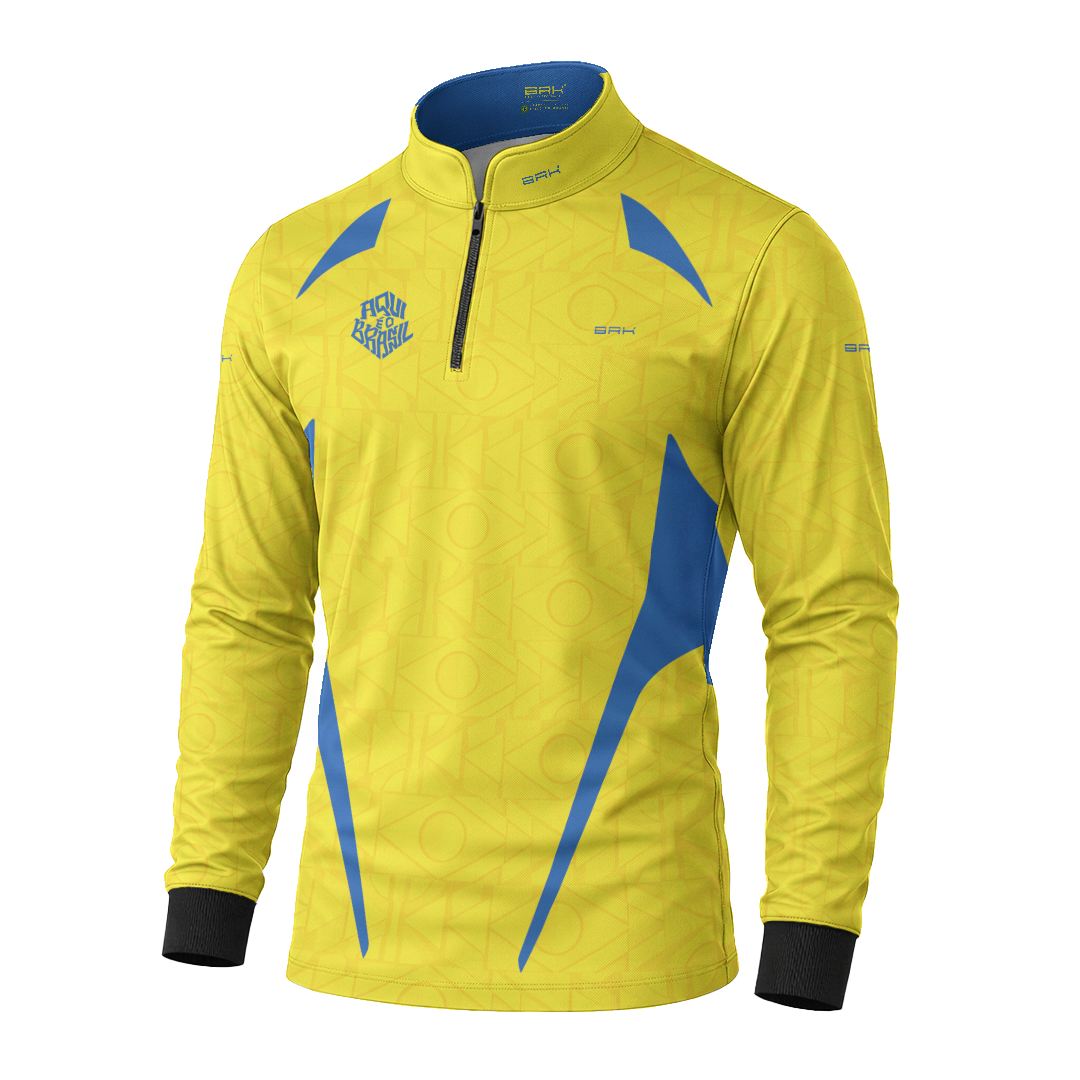 Camisa Brk Aqui é o Brasil Bandeira Geométrica Amarela com Proteção UV50