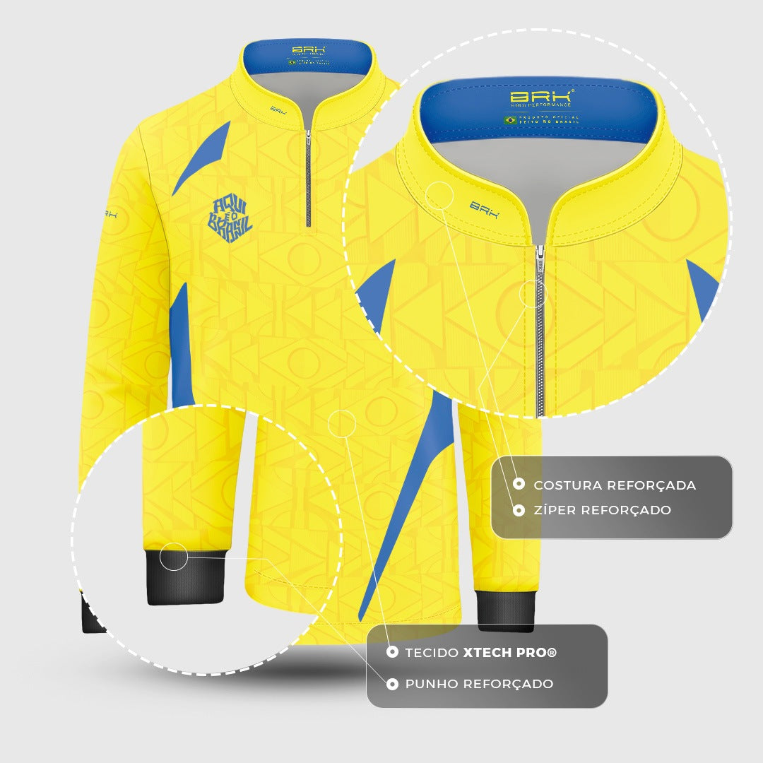 Camisa Brk Infantil Aqui é o Brasil Bandeira Geométrica Amarela com Proteção UV50