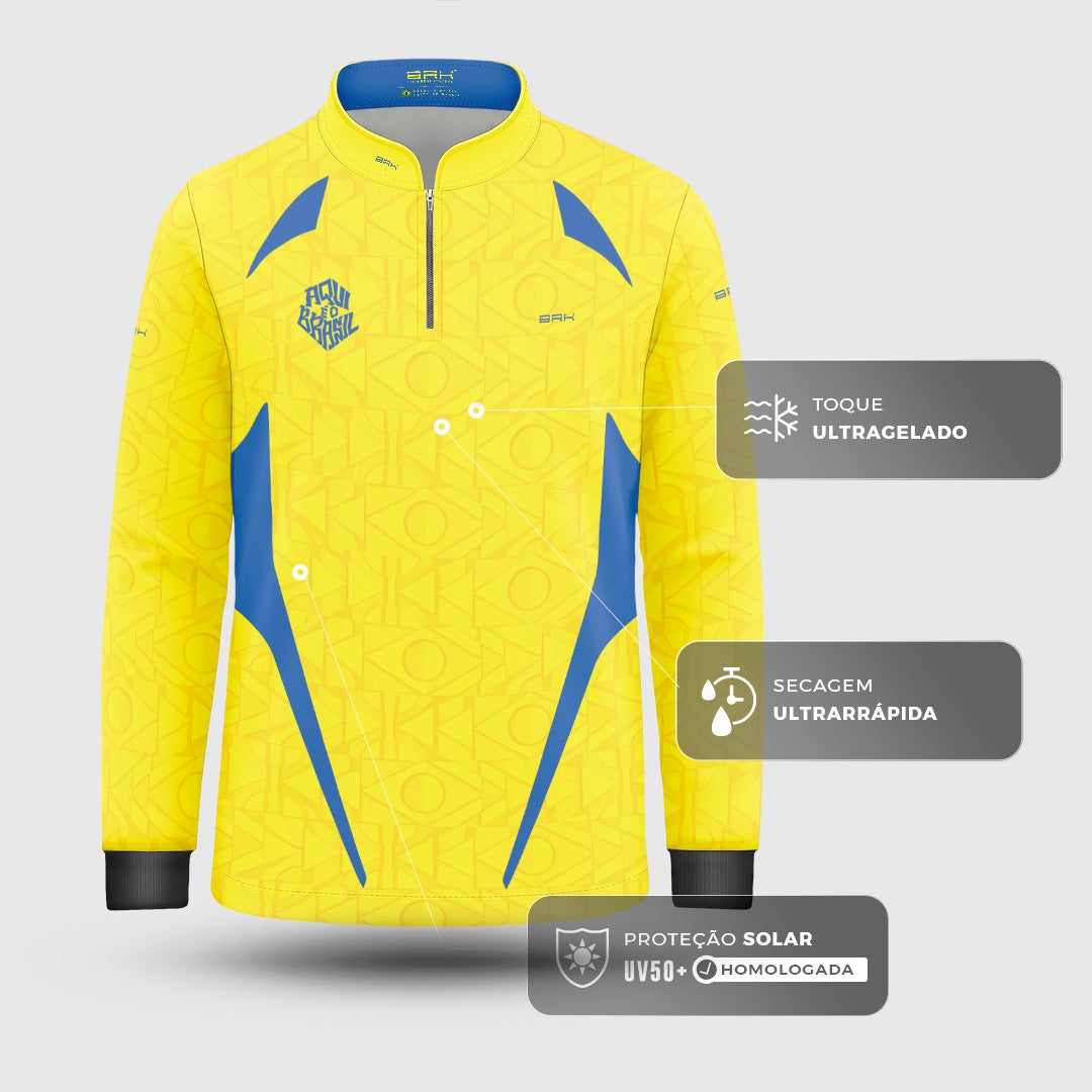 Camisa Brk Infantil Aqui é o Brasil Bandeira Geométrica Amarela com Proteção UV50