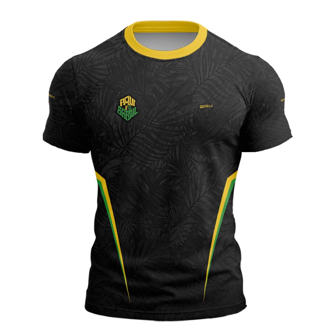 Camisa Casual Brk Aqui é o Brasil Folhagem Preta com Proteção UV50