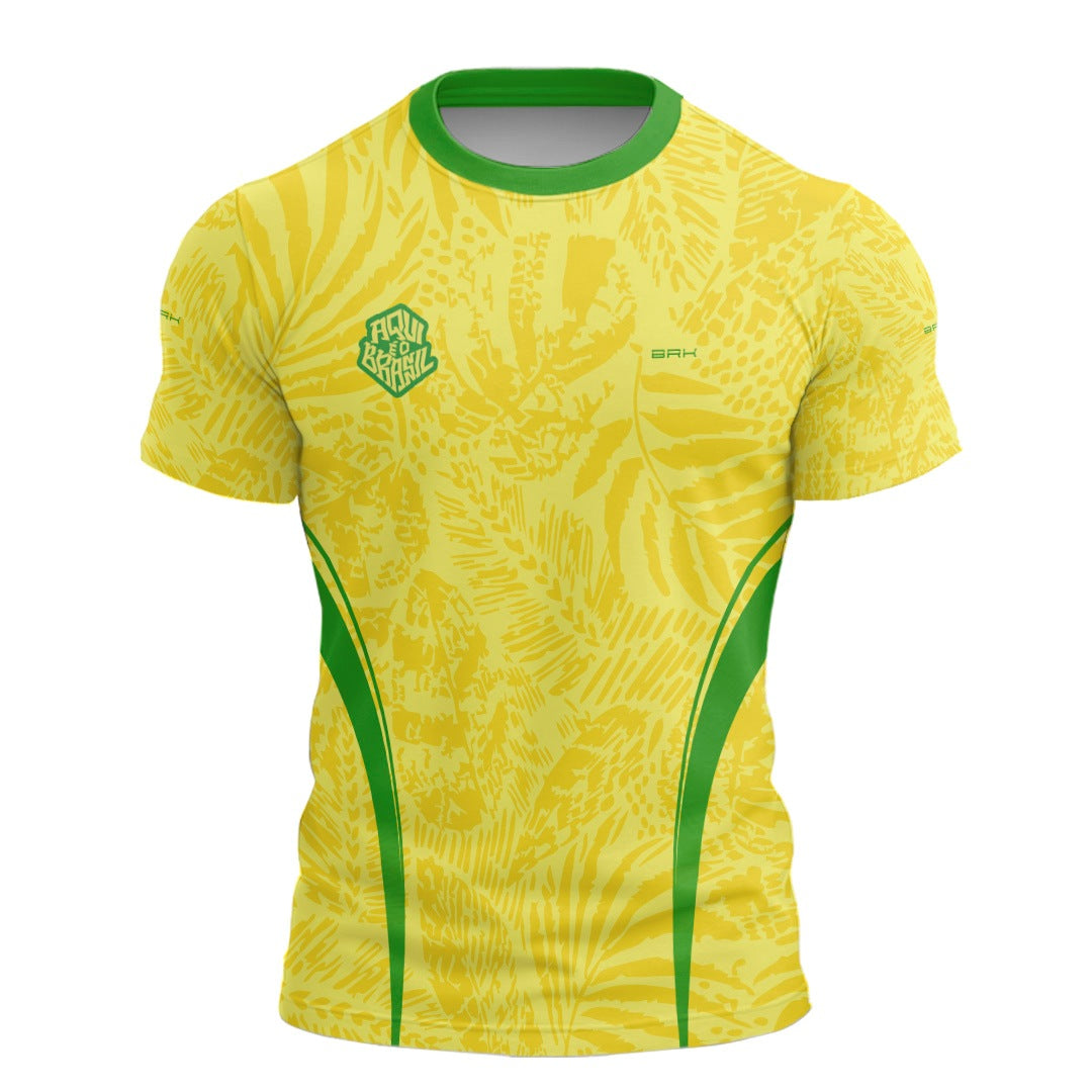 Camisa Casual Brk Aqui é o Brasil Folhagem Tropical Amarela com Proteção UV50